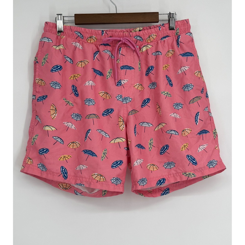 Club Room Mens Pink Beach Umbrella Print Mesh Lined Swim Trunks Sz M